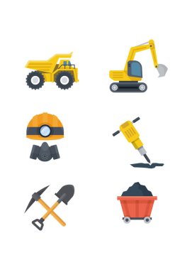 Madencilik Endüstri ve Aletler Vektör İllüstrasyonunda. Madencilik ekipmanlarının yassı vektör simgeleri: beyaz arka planda kamyon, kazıcı, kask, kaya matkabı, aletler ve kömür arabası. Stok illüstrasyonu