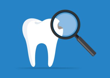 Büyüteçle yapılan diş muayenesi. Vektör düz illüstrasyon hisse senedi çizimi