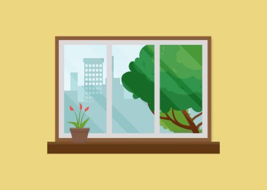 Ev bitkilerinin olduğu pencere. Pencereli ve manzaralı duvar Vektör İllüzyonu. Stok illüstrasyonu. 