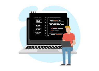 Software development, programming, coding. Programmer and IT specialist at workplace with laptop, develop mobile application or program stock illustration clipart svg vector 