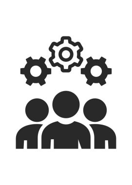 Liderlik simgesi düz stilde. Takım ve dişli sembolü beyaza izole edildi. Takım çalışması konsepti. Vektör grup insan ikonu. Siyah renkli basit bir takım çalışması simgesi. Vektör illüstrasyonu.