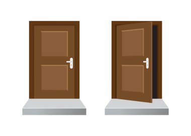 Açık ve kapalı kapılar beyaz arka planda izole edilmiş. hisse illüstrasyonu