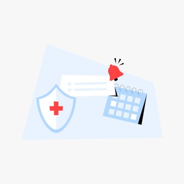 Haçlı sağlık kalkanı, takvim ve uyarı sembolü, sağlık hizmetleri koruması, sağlık randevuları ve sigorta bildirimleri..