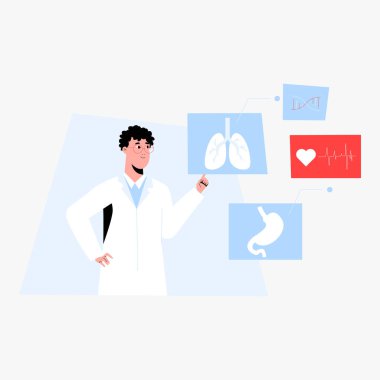 Erkek doktor, beyaz arka planda izole edilmiş tıbbi bilgi, sağlık eğitimi ve anatomiyi temsil eden insan organlarını açıklarken, akciğer, kalp ve mide görüntülerine işaret ediyor..