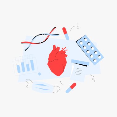 İlaç, DNA ipliği, tıbbi maske ve grafiklerle çevrili anatomik kalp, sağlık, kardiyoloji ve kalp hastalıkları tedavisini sembolize ediyor..