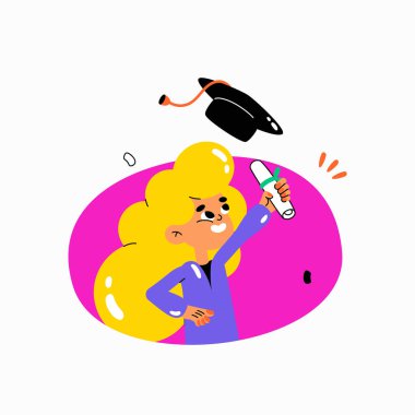 Female graduate with curly hair celebrating academic achievement, holding a diploma and tossing her graduation hat, symbolizing success, education, and graduation, flat vector illustration. clipart