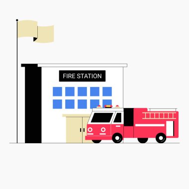 İtfaiye istasyonunun önüne park etmiş itfaiye aracı, beyaz arka planda izole edilmiş acil durum hazırlığını, itfaiyeyi ve kamu güvenliğini simgeliyor..