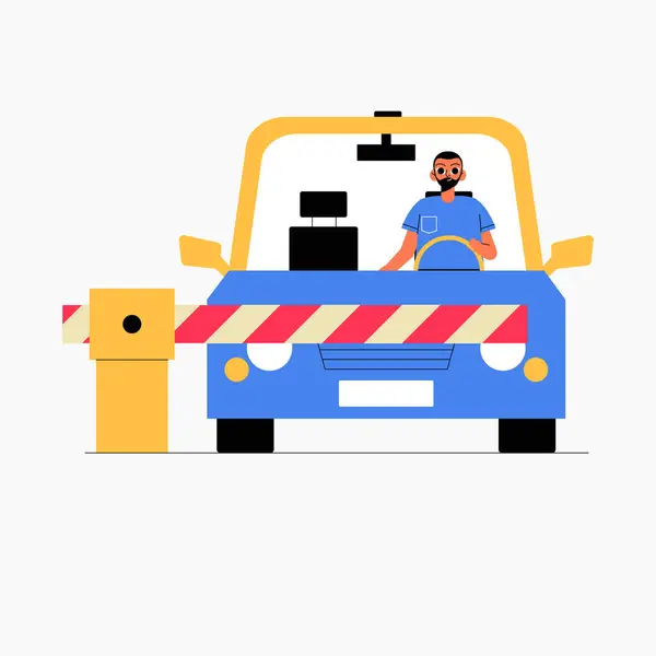 A man in a blue car is depicted approaching a toll barrier, symbolizing toll road systems and automated payment in flat vector style.