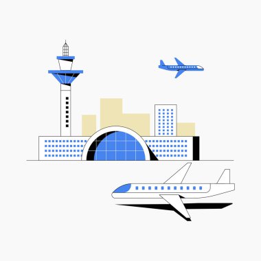 Kontrol kulesi ve iki uçağı olan bir havaalanının düz vektör çizimi. Resim, beyaz arka planda izole edilmiş hava taşımacılığı ve havacılık altyapısını sembolize ediyor..