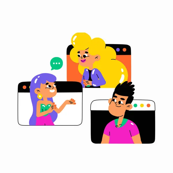 Two female characters and one male character participating in a group video call, symbolizing virtual meetings, online communication, and remote collaboration, flat vector, isolated.