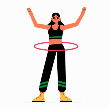 Beyaz arka planda izole edilmiş, spor, spor, eğlence ve düz vektör illüstrasyonunu sembolize eden bir kadın sporcu hulahop yapıyor.