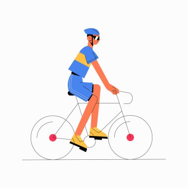 Mavi dişli bir erkek bisikletçi, spor, spor ve spor anlayışını simgeleyen bir yol bisikleti sürüyor..