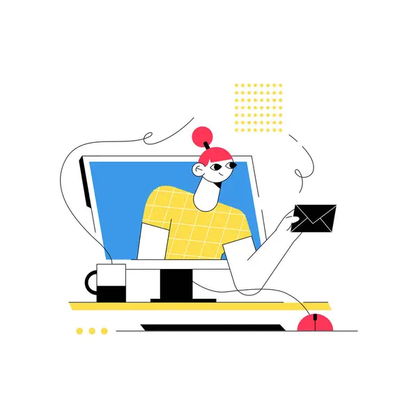 Dijital çalışma alanındaki genç bir kadın, online iletişimi ve modern ofis görevlerini sembolize eden bir bilgisayar üzerinde çalışırken bir e-posta gönderiyor. Canlı, minimalist elementlerle düz tasarım. 