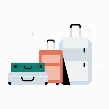 Farklı boyutlarda üç bagaj parçası, seyahat hazırlıklarını ve seyahatlere hazırlanmayı simgeliyor, düz bir vektör tarzında izole edilmiş..