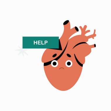 Endişeli bir yüz ifadesi olan üzgün bir kalp, yardım işareti taşıyor, kardiyovasküler sorunları sembolize ediyor, acil sağlık sorunları, ve tıbbi bakım ihtiyaçları, beyaz arka planda izole edilmiş..