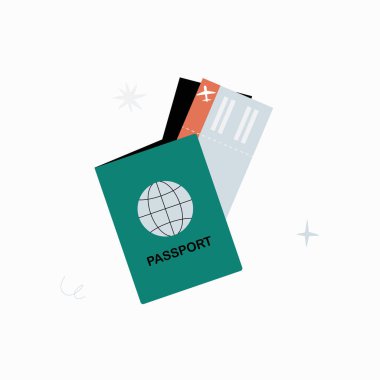 Biletli bir pasaport uluslararası seyahat, kimlik ve küresel keşfi sembolize eder. İllüstrasyonda yurtdışı seyahatleri için gerekli seyahat belgeleri vurgulanıyor.