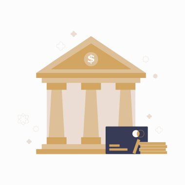 Sütunları olan bir banka binasının yanında bir kredi kartı ve para yığını görülüyor. Bu düz vektör çizimi bankacılık hizmetleri, mali işlemler ve tasarruf yönetimini temsil eder.