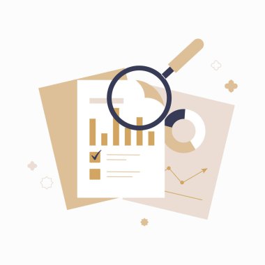 Bir büyüteç, düz bir vektör illüstrasyonunda finansal analizi, iş raporlamasını ve veri incelemesini sembolize eden çubuk grafikleri ve grafikleri olan belgelere odaklanır..