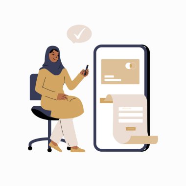 Kadın banka müşterisi ofis koltuğunda otururken mali durumunu gözden geçiriyor, mobil bankacılık uygulaması ile etkileşime geçiyor, finans yönetimi ve dijital bankacılığı simgeliyor.