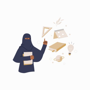 Geleneksel kıyafetler giyen bir kadın, eğitici objeler etrafında yüzerken, öğrenmeyi ve kültürel eğitimi sembolize ederken bir kitap tutuyor..