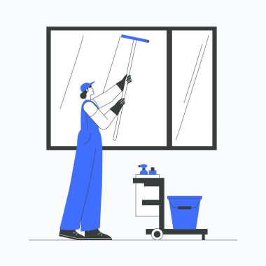 Üniformalı bir kadın cam temizleyicisi, yanında temizlik arabası ve malzemelerle büyük bir pencereyi temizler. Bu da profesyonel temizlik ve bakım hizmetlerini sembolize eder..