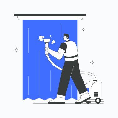 Bir adam büyük bir perdeyi süpürge kullanarak temizler, temizlik, evde bakım ve ofis ortamında etkin bakımı sembolize eder..