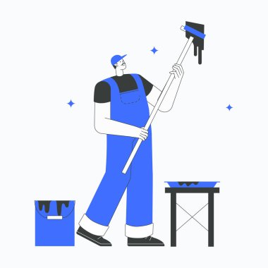 Elinde boya silindiri tutan bir erkek ressam boya malzemelerinin yanında duruyor. Ev yenileme ve profesyonel resim hizmetlerini simgeliyor..