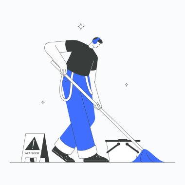 Temizlikçi, beyaz arka planda izole edilmiş temizlik, temizlik ve temizlik hizmetlerini sembolize eden uyarı işaretinin yanında ıslak bir zemini paspas ve kovayla temizliyor..