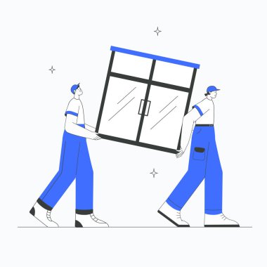 Üniformalı iki erkek taşıyıcı, profesyonel taşıma hizmetleri, takım çalışması ve ev taşınmasını simgeleyen bir pencere çerçevesi taşıyor..