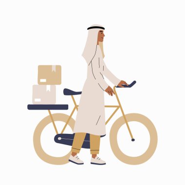 A man in traditional Muslim clothing rides a bicycle carrying delivery boxes, symbolizing delivery services, e commerce, and transportation. The bicycle is used for eco friendly delivery. clipart