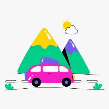 Pink car driving on a road with mountains in the background symbolizing a road trip and travel adventure in flat vector illustration, isolated on a white background. clipart