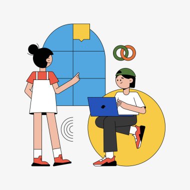 İki genç yetişkin, biri ayakta ve diğeri dizüstü bilgisayarla oturuyor, dijital bir projeyi tartışıyor, takım çalışmasını, öğrenmeyi ve teknolojinin işbirliği ortamında kullanımını sembolize ediyor..