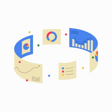 Dairesel veri grafikleri ve grafikleri, turta grafikleri ve bar grafikleri, iş analitiğini, veri görselleştirmesini ve pazar araştırmasını sembolize eden çeşitli ölçümleri gösterir..