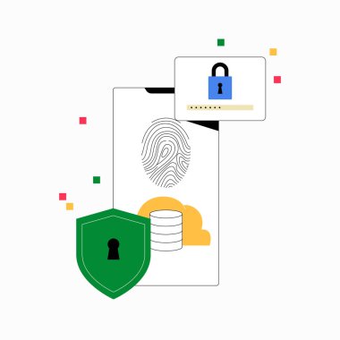 Bir akıllı telefon, beyaz arka planda izole edilmiş siber güvenlik, veri koruması ve mahremiyeti sembolize eden yeşil bir kalkanla, bir parmak izi tarayıcısı ve bir şifre kilidi simgesi gösterir..