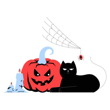 A Halloween pumpkin with a menacing face accompanied by a black cat, spider web, and candles, symbolizing the spirit of Halloween and festive autumn celebrations. clipart