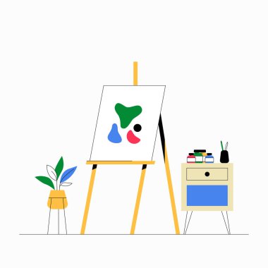 Bir sanat stüdyosunda soyut sanat eserleri ve boya malzemeleriyle resim sehpası yapmak, yaratıcılığı ve sanatsal ifadeyi sembolize ediyor, beyaz bir arka planda izole edilmiş..