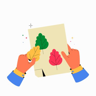 Hands holding a paper displaying collection of green and yellow leaves, symbolizing nature and creative crafting. Flat vector illustration about leaf collection project, isolated on a white clipart