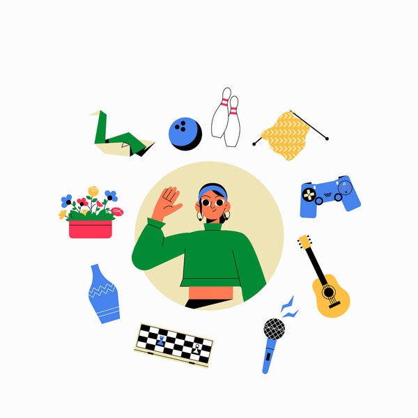 Girl surrounded by various hobbies and recreational items like guitar, game controller, and microphone in flat vector illustration symbolizing creative interests and leisure activities.