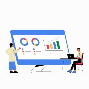 Geniş ekranda, iki erkek karakter bilgiyi analiz ederken, veri incelemesi, stratejik analiz ve profesyonel raporlamayı sembolize ederken, iş grafikleri ve verileri gösterilir..