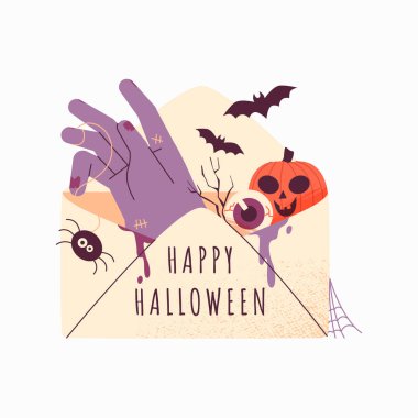 A Halloween themed envelope with a purple hand, a spider, and bats, representing spooky mail and horror vibes for Halloween celebration, isolated on white background. clipart