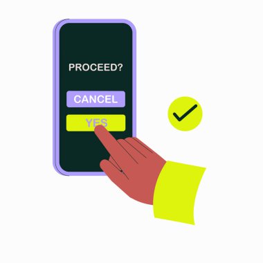 Bir el, dijital ortamlarda onay, karar verme ve kullanıcı eylemini sembolize ederek, mobil ekrandaki Evet düğmesine basar.