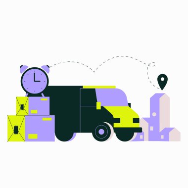 Bir kutu yığınının yanına park edilmiş bir teslimat minibüsü, bir harita işaretleyicisi ve bir saat ile birlikte şehir merkezindeki nakliye, lojistik ve zamanında ulaşım hizmetlerini sembolize ediyor..