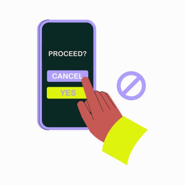 A hand is shown selecting between Cancel and Proceed options on a smartphone screen, symbolizing decision making in mobile apps and user interaction with technology interfaces. clipart