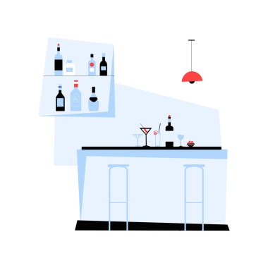 Şişeli ve gözlüklü bar tezgahı, beyaz bir arka planda izole edilmiş, misafirperverliği ve eğlenceyi sembolize eden modern ve minimalist bir ortamı tasvir ediyor..