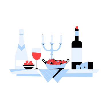Şarap, peynir ve yemekli bir yemek masasının düz vektör çizimi, beyaz arka planda izole edilmiş güzel bir yemek, kutlama ve gurme mutfağını sembolize ediyor..
