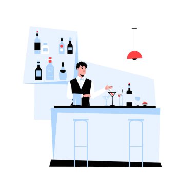 Barın arkasında kokteyller hazırlayan bir erkek barmen modern bar ortamında konukseverliği ve servisi simgeliyor..