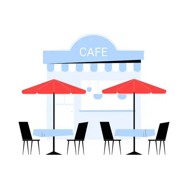 Masa ve şemsiyeli bir açık hava kafe sahnesinin düz vektör çizimi, kafeterya kültürünü, sosyal toplantıları ve açık hava yemeklerini sembolize ediyor, beyaz arka planda izole edilmiş..