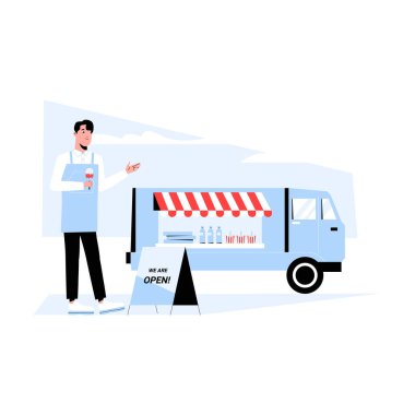 Bir yemek kamyonunda içki servisi yapan bir erkek satıcının düz vektör çizimi, sokak yemeklerini, mobil gıda işini ve açık hava yemek etkinliklerini sembolize ediyor..