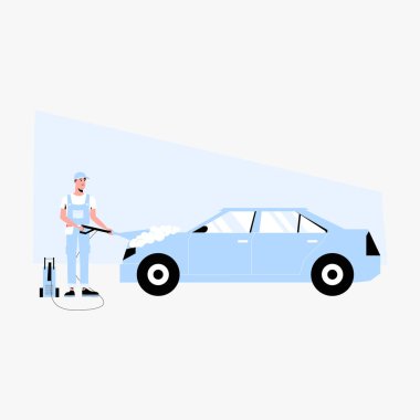 A man wearing overalls uses water pressure to clean a car, symbolizing vehicle washing and maintenance services, isolated in a simple outdoor scene. clipart