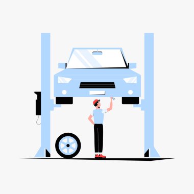 Erkek bir tamirci platformda kaldırılan bir arabayı inceler, araç bakımını ve oto tamir servisini sembolize eder.